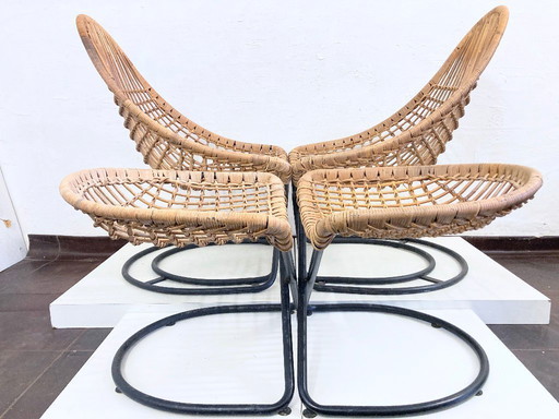 2 Sessel mit Hocker aus Rattan 60er Jahre Design