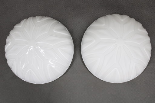 1970s Pair of Ceilink or Wall Lights in Milky Glass, Czechoslovakia 