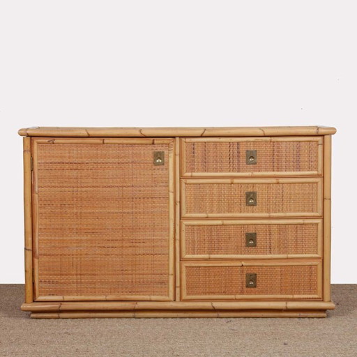 Cassettiera vintage in vimini, bambù e ottone di Dal Vera, 1970