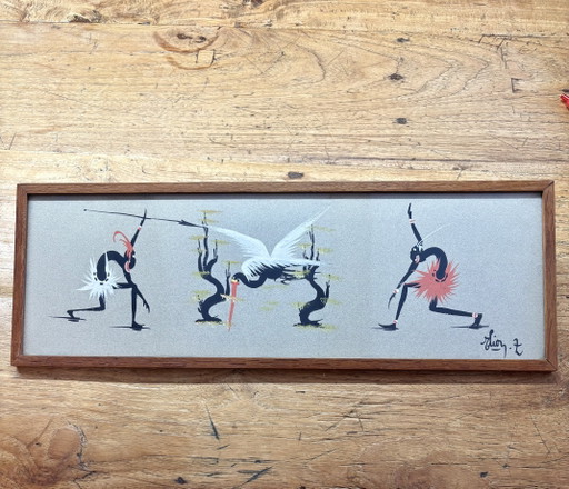 Mid-Century Modern Langwerpig Schilderij Gestileerde Figuren (Jaren '50/'60) – schilderijen tekeningen, Wood, Paper