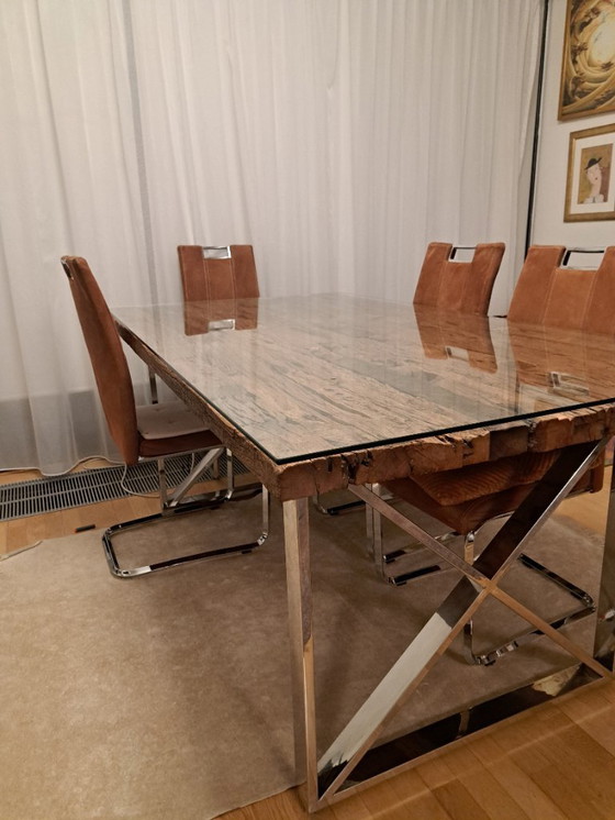 Image 1 of Luxury Richmond Dining Table – Reclaimed Oak Designer Chrome Table + 4 Chairs