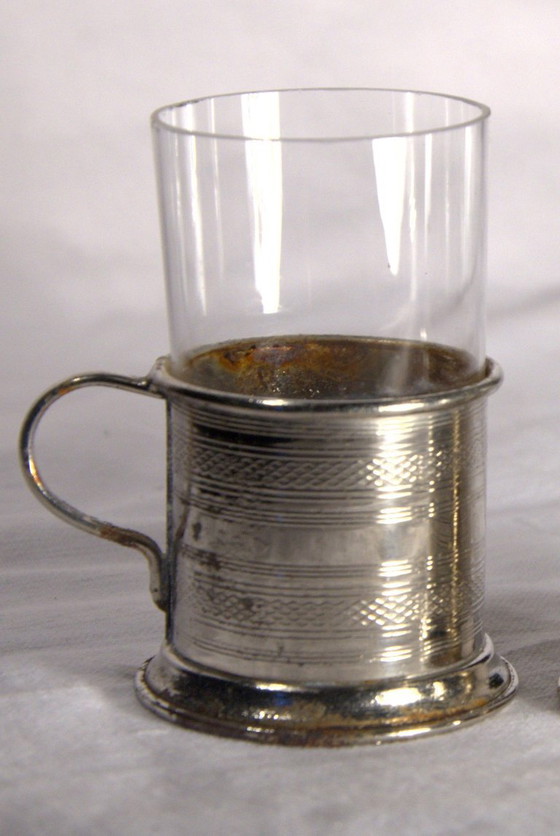 2 antike Teegläser mit Metallrand und Henkeln, 5 x 7 cm – Tafelgeschirr, Glass (photo 4 of 5)