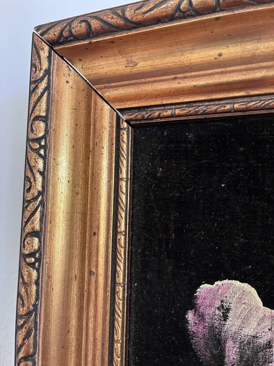 Image 1 of Vintage original velvet flower oil painting, pink flower still life art