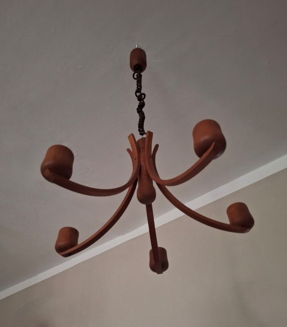 Image 1 of Variable Height Teak Chandelier with Five-Arms by Domus, Denmark 1970s