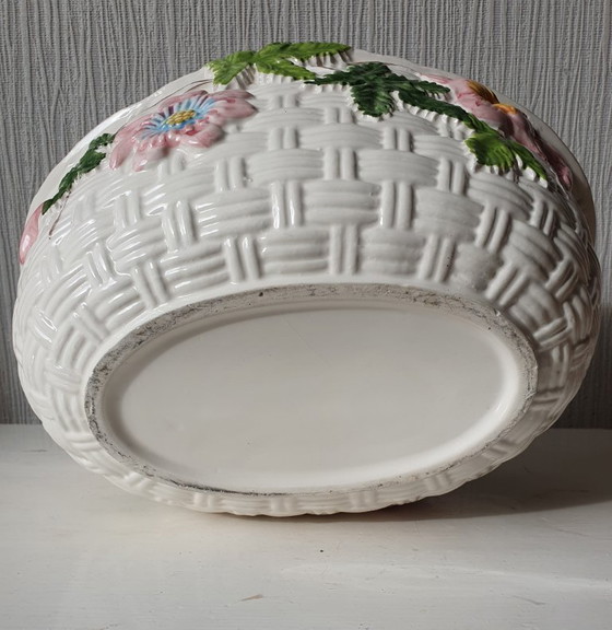Image 1 of Antique majolica ceramic basket with flowers - hand-painted