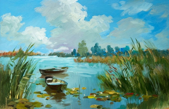 Image 1 of Dipinto ad olio originale Paesaggio estivo con fiume Tempo estivo nuvoloso