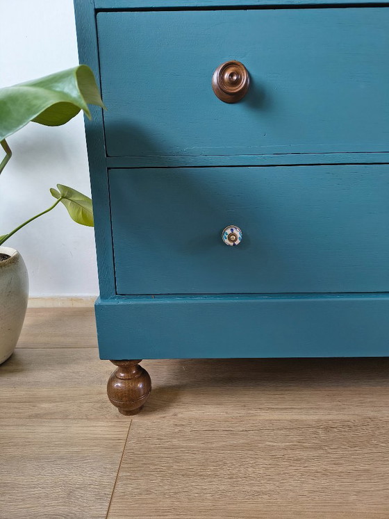 Vintage Dresser / Chest of Drawers – Petrol Blue & Wood – Sideboard (photo 3 of 9)