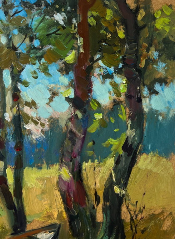 Image 1 of Original Oil Painting Summer Lake Landscape Fisherman's boat