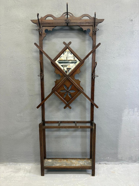 Image 1 of Vintage Wooden Wall Coat Rack Hallway Storage Hanger Unit