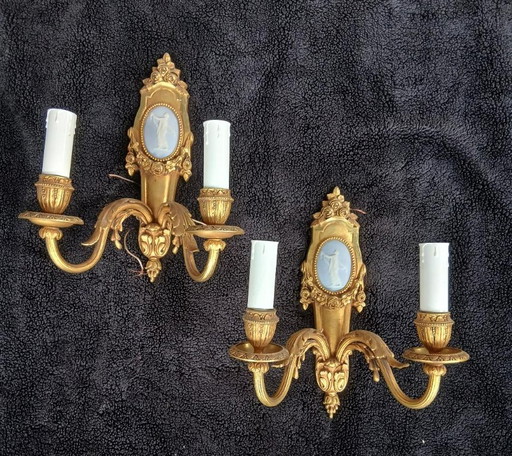 gilt bronze sconces with Wedgwood porcelain medallion signed MH