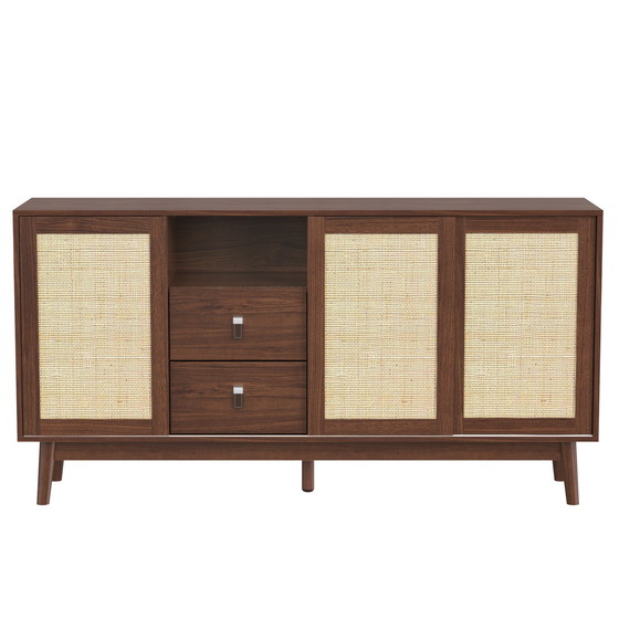 Image 1 of Urban Meuble sideboard in walnut look with 3 sliding rattan doors and 2 drawers 155x38x80cm USOH WALNUT