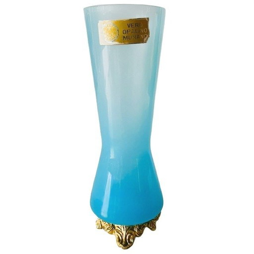 Vintage-Vase aus Murano-Opalglas mit blau vergoldetem Sockel, 1970er Jahre