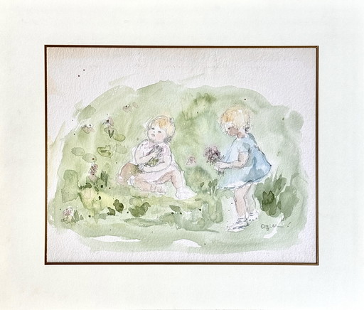 Marie Louise Ogier - Magnifique aquarelle «  deux enfants cueillant des fleurs «  vers 1980