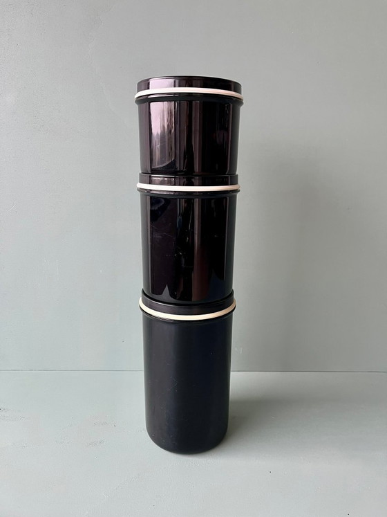 Image 1 of 3x Rosti Mepal blikken doos, vintage theeblik, koffieblik, suikerpot, jaren 70/80, postmodern servies