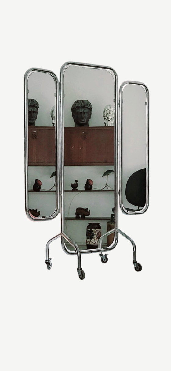 Image 1 of Rare Chrome Tubular Mirror On Wheels