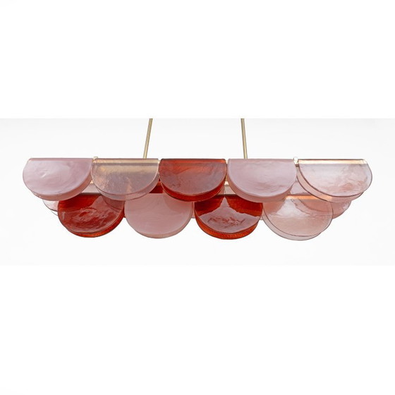 Image 1 of Lámpara de araña lineal modular italiana de cristal de Murano y latón en rosa y rojo.