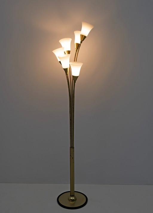 Mid Century Moderne Italiaanse Opaline Glas en Verguld Messing Tulp Vloerlamp, jaren 60