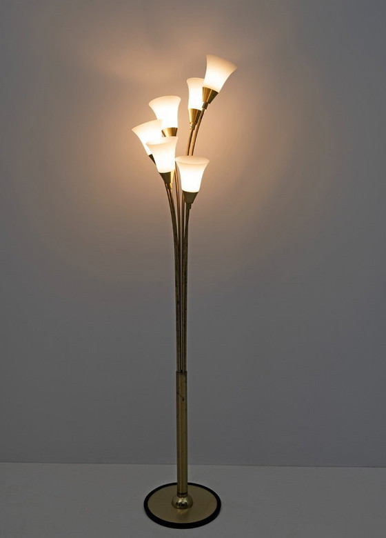 Image 1 of Lampada da terra italiana di metà secolo in vetro opalino e ottone dorato a tulipano, anni '60