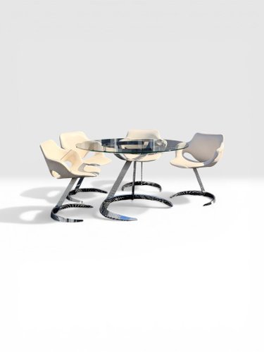 Ruimtevaartstijl eetkamerset van chroom, glas en wit leer van Euro Steel, jaren 70, set van 5 – Tabacoff, Leather, Space Age