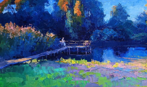 Image 1 of Original Oil Painting Nature Landscape Summer Sunset Evening on the Lake