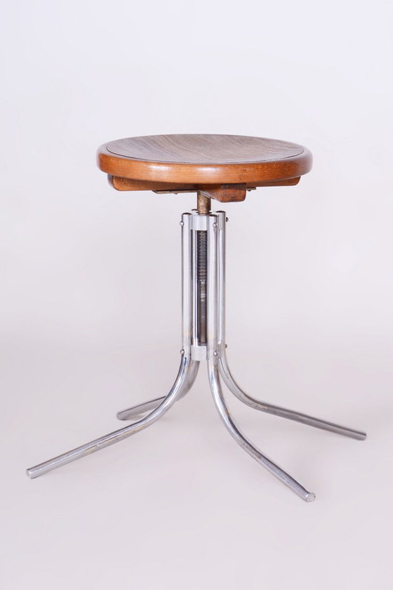 Restored Bauhaus Piano Stool, by Mücke-Melder, Solid Beech, Chrome, Czech, 1930s – Metal, Wood (photo 3 of 9)