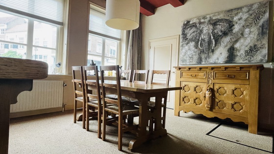 Brutalist Set, Solid Oak Sideboard, Cabinet, Dining Table, 6 Chairs, Hand Carved Priest Mission Style (photo 14 of 15)