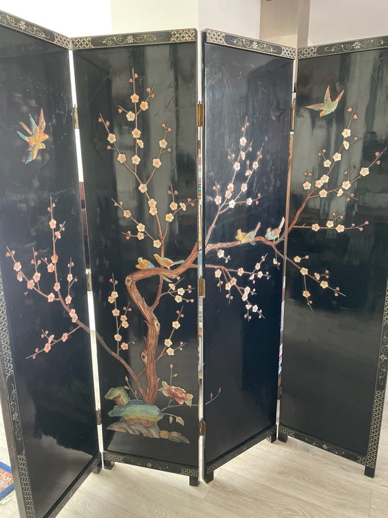 Vintage Chinese Chinoiserie/Lacquer Room screen – Wood, Brass (photo 5 of 7)