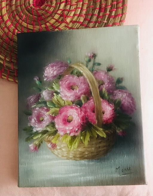 Olieverf op canvas boeket roze zinnia's bloemen