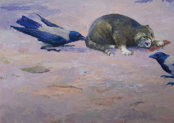 Original Oil Painting Animals Cat Birds Raven Strategy – Paintings & Drawings, Canvas (photo 6 of 8)