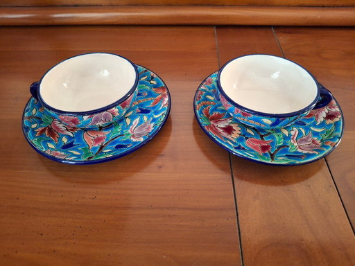 Tête à tête, Set aus 2 Kaffeetassen und Untertassen aus Longwy-Emaille