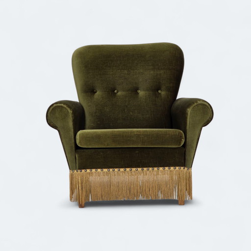 1970s Danish Lounge Chair, High, Furniture Velour, Ash Wood Legs