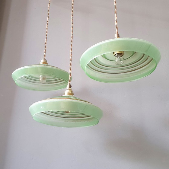 Set of 3 Antique Pendant Lights of Opaline Glass in Green, with Crushed Glass and Gold Decoration (photo 10 of 20)