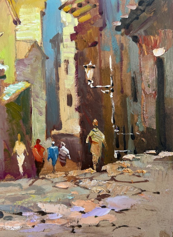 Image 1 of Dipinto ad olio originale Paesaggio urbano diurno Vecchia strada della città