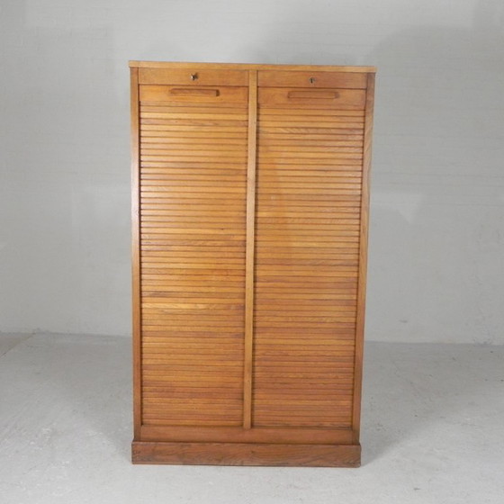 Oak tambour cabinet with 2 doors, 150 cm high, 1950s, Filing cabinets, Wood, Brown, Vintage (photo 5 of 15)