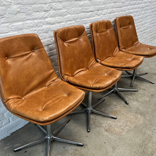 8 sillas de comedor vintage con base cromada, giratorias | Años 70