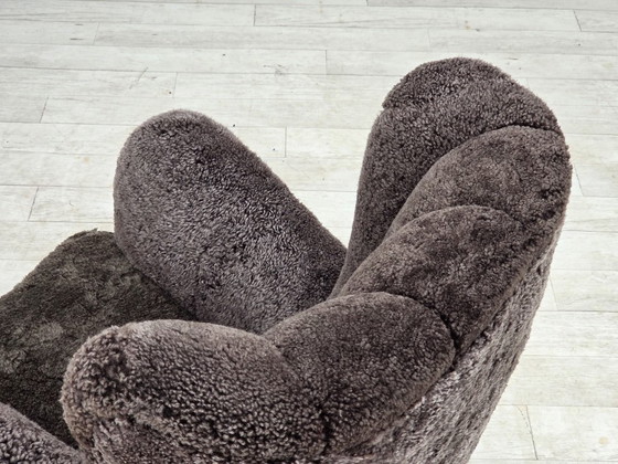1960s, Danish design, reupholstered armchair, genuine sheepskin., Other, Brown (photo 8 of 20)