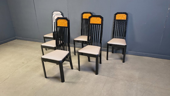 Image 1 of Chaises de salle à manger vintage en loupe de bois et laque, années 1980