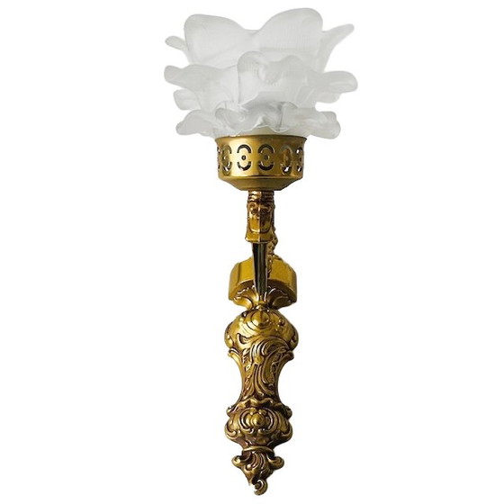 Image 1 of Lampada da parete vintage in ottone barocco rococò di metà secolo, rosa, anni '50