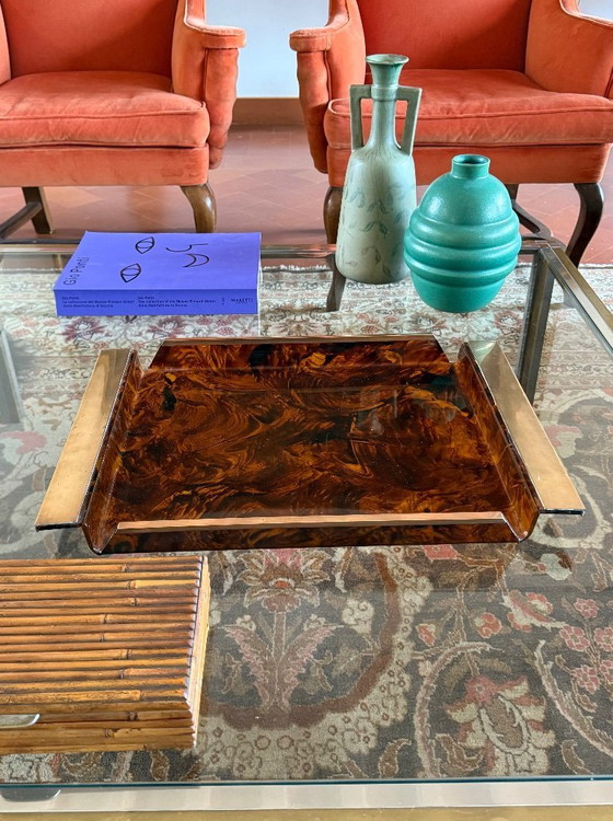 Image 1 of Hollywood regency brass and tortoiseshell lucite tray, Italy 1970s