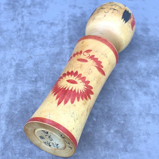 Image 1 of Authentic vintage handmade Japanese kokeshi doll 12.20 inch with floral decor 31 cm home decor signed collectible piece
