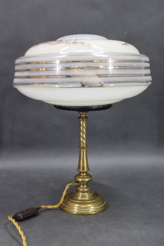 Image 1 of 1940s Restored Brass Table Lamp with Glass Shade