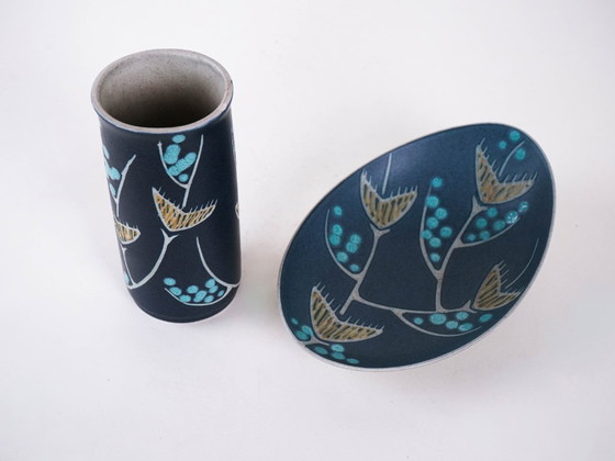 Image 1 of Set aus Keramikvase und Platte, dänisches Design, 1970er Jahre, Designer: N. Backhausen & P. ​​Brandborg, Hersteller: Søholm