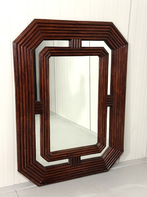 Image 1 of Gran espejo de ratán oscuro, años 70