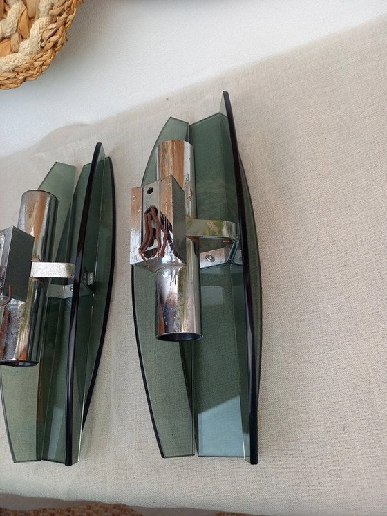 Image 1 of Paar VECA Italiaanse wandlampen voor Fontana Arte - verchroomd staal en kristalglas - jaren '60
