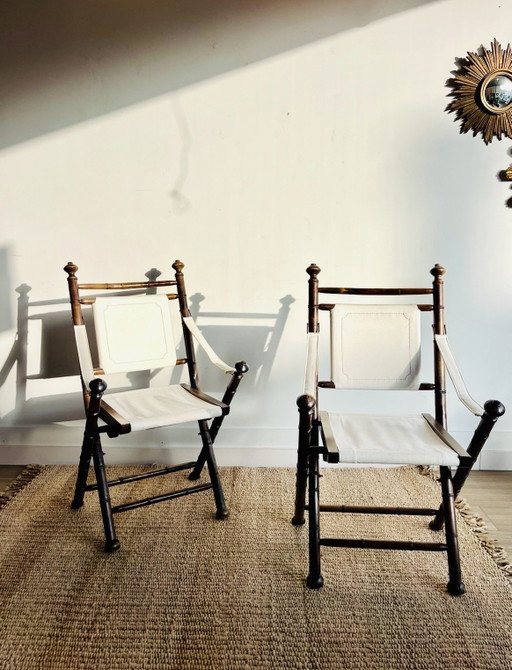 2 vintage campagne stoelen faux bamboo | jaren 70/80 Vintage – eetkamerstoelen, Canvas, Wood (photo 2 of 12)