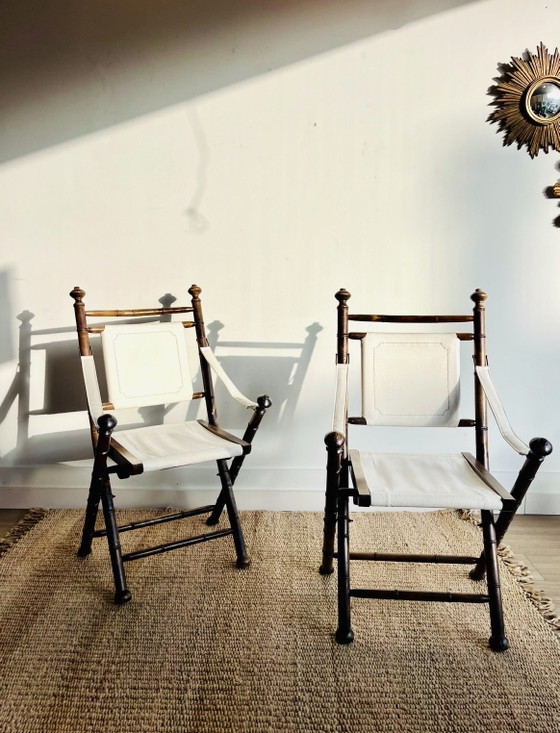 2 vintage campagne stoelen faux bamboo | jaren 70/80 Vintage – Eetkamerstoelen, Canvas, Wood (photo 2 of 12)