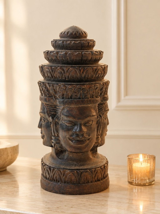 Raro Faîteau Khmer del XIX secolo in legno pregiato, Brahma a 4 facce, Cambogia