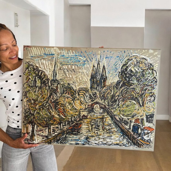 Image 1 of 1961 Dipinto in stile Van Gogh della Oude Kerk vista dal canale Oude Delft