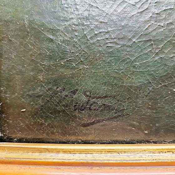 Image 1 of Antiek schilderij met zeilboot op ruwe zee, van rond 1900