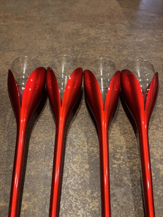 Image 1 of Moët and Chandon 4 red tulip flutes with original Moët Chandon glasses including holder
